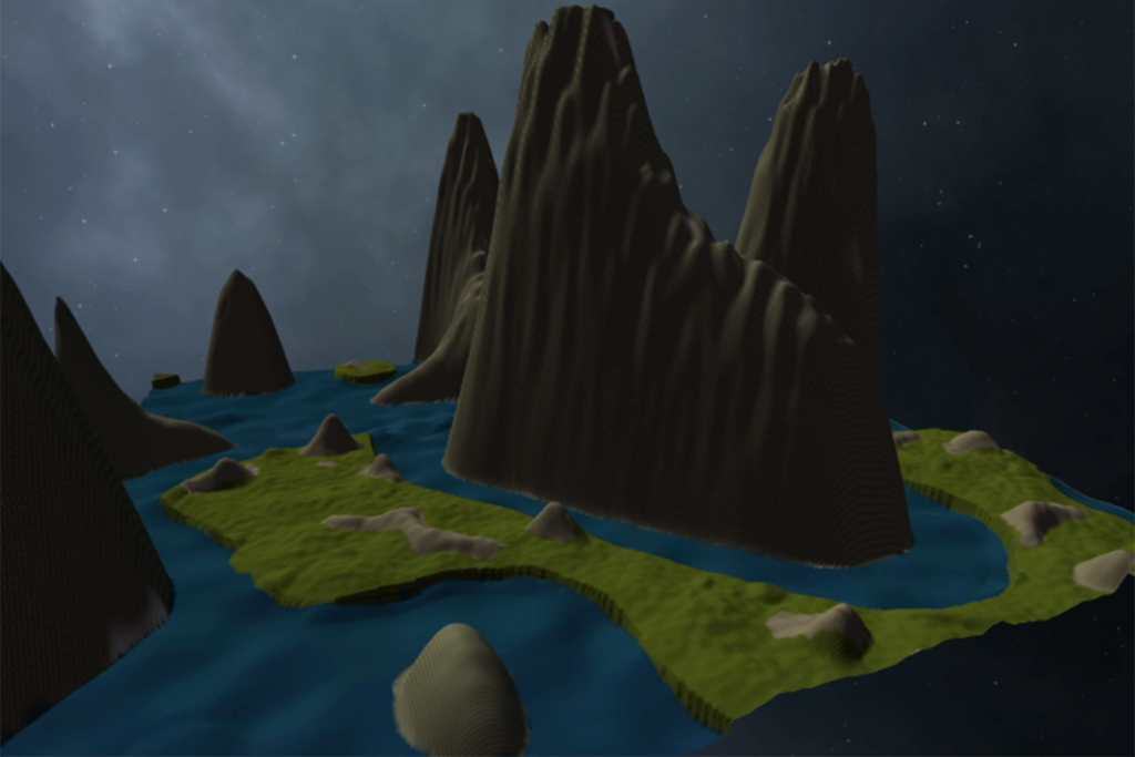 An image of a computer-generated mountain, swamp, and lake.